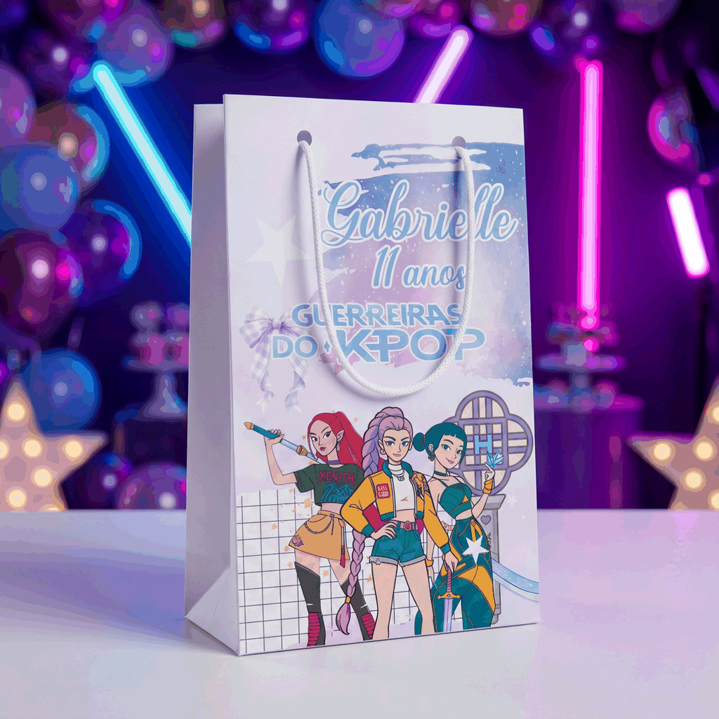 Sacolinha Personalizada com Nome e Idade - Tema Guerreiras do K-Pop  - Lembrancinha Aniversário - Pegue e Monte