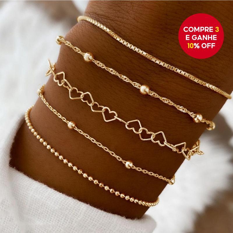 5 Pçs/Set Fashon Pulseira Conjunto Para Mulheres Rodada Bead Coração Corrente , Caixa Minimalista Acessórios De Jóias ﻿