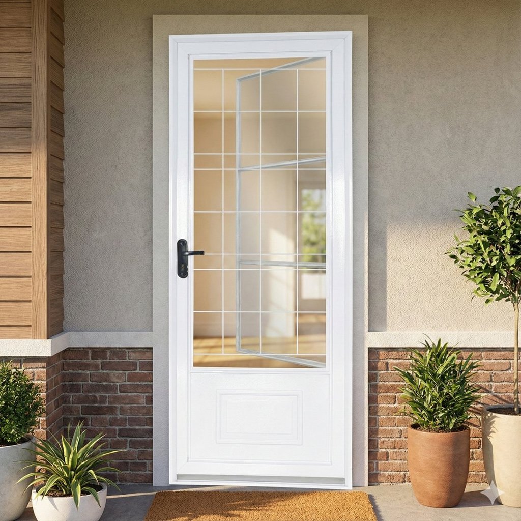 Porta de Aço Postigo com Grade Quadrada Branca Minas Sul MGM 215x85cm Abertura Esquerda Esquerda