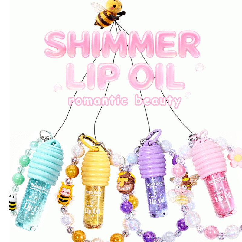 Brilho Labial Hidratante com Óleo Labial em Corrente Quatro Cores Pulseira Fofa Bálsamo Labial Brilho Aquático Cor Espel