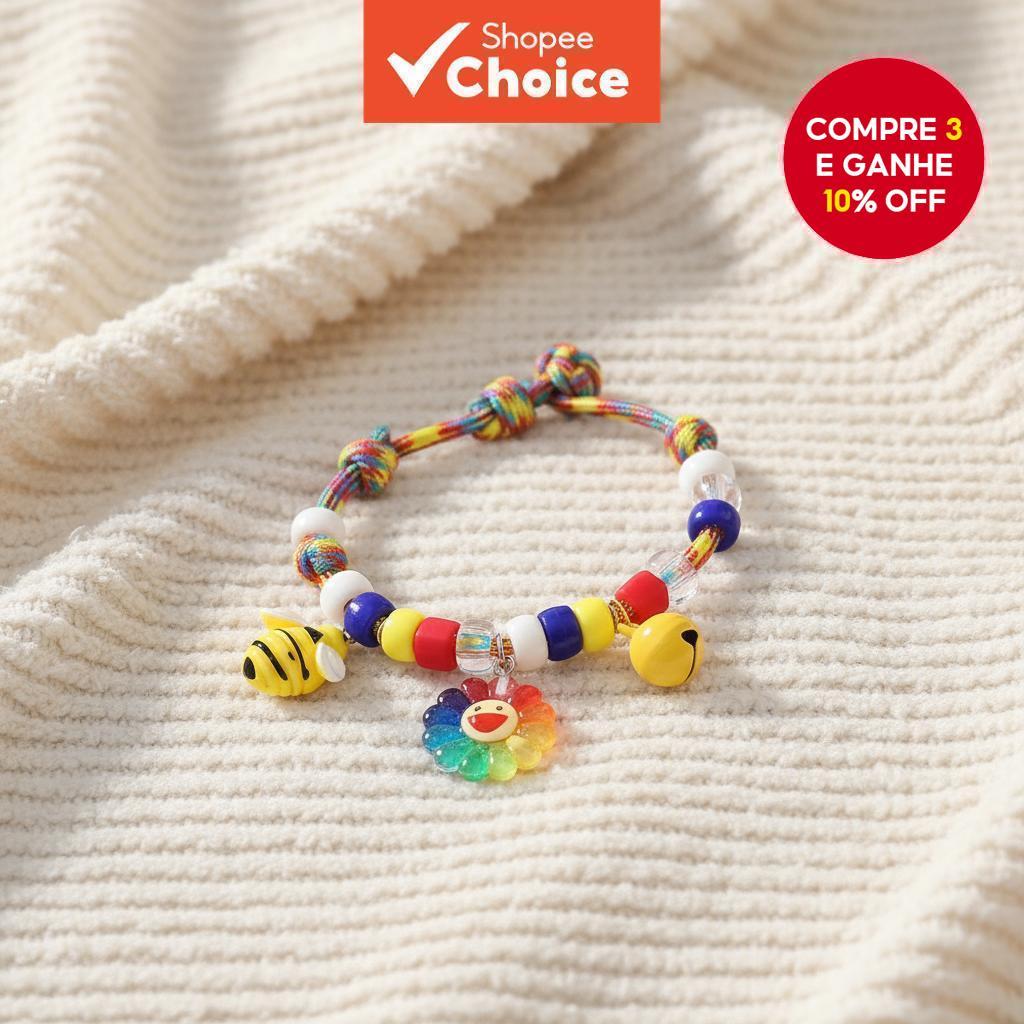  Colares de malha para gatos e cães, coleiras ajustáveis com sinos e encantos de abelha sorridente com coração