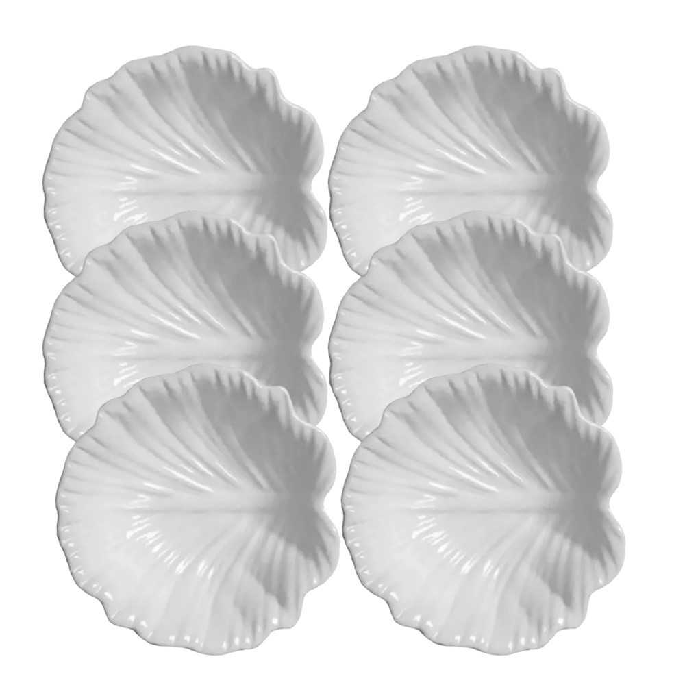 Jogo 6 Bowl Mini Travessa de Cerâmica Branco Leaves Scalla 5x11cm