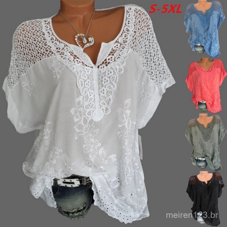 Camisa Casual Solta de Renda Verão Manga Curta Plus Size Blusa Feminina
