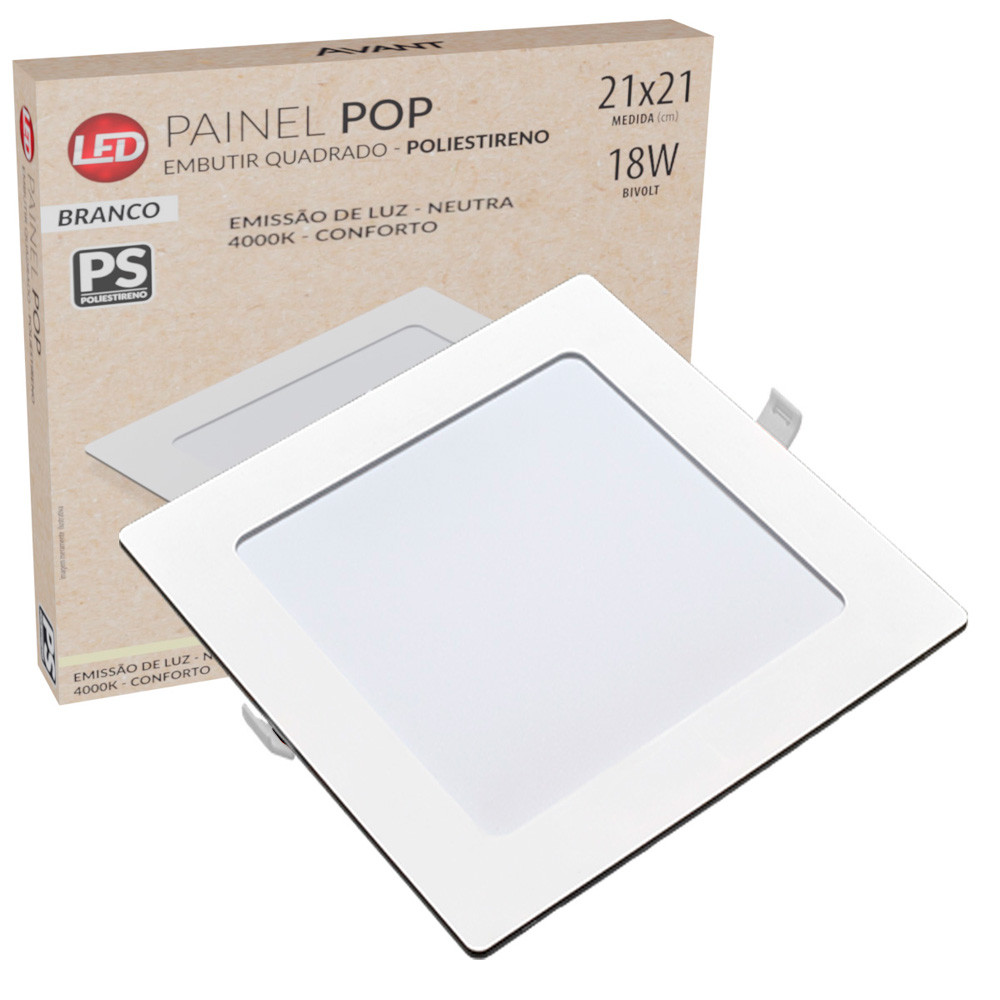 Painel Plafon Quadrado Embutir 18W Luz Neutra 4000K Bivolt Luminária de Gesso Forro Avant