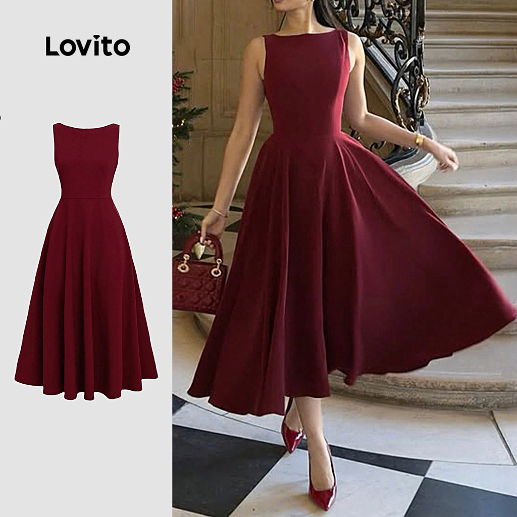 Lovito Vestido Feminino Casual Zíper Pregueado Casamento Festa Vermelho Primavera/verão Cor Vinho LK2ED151 em Oferta na Shopee