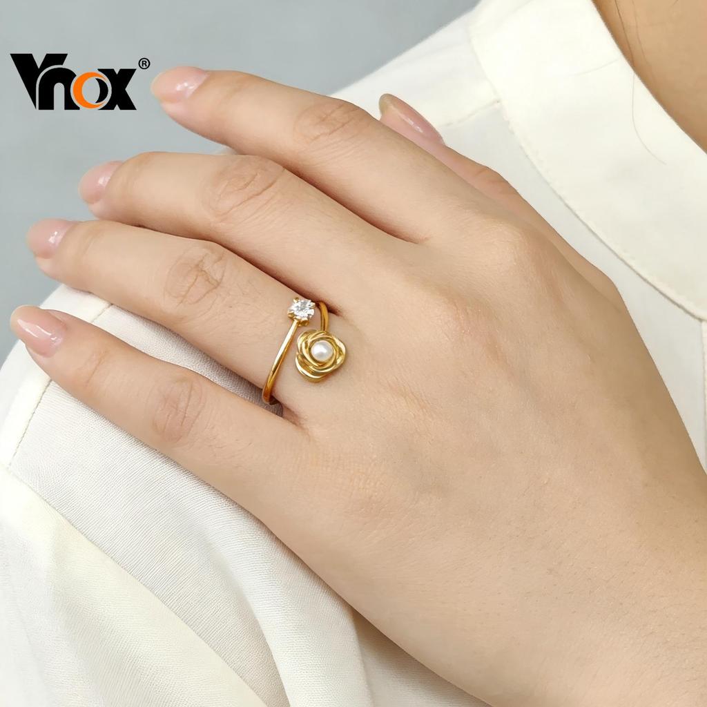 Vnox Pérola Flor Zircão Anel Aberto Ouro Para Mulheres , Criativo De 18k , Acessórios De Moda Presente