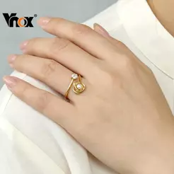Vnox Pérola Flor Zircão Anel Aberto Ouro Para Mulheres , Criativo De 18k , Acessórios De Moda Presente