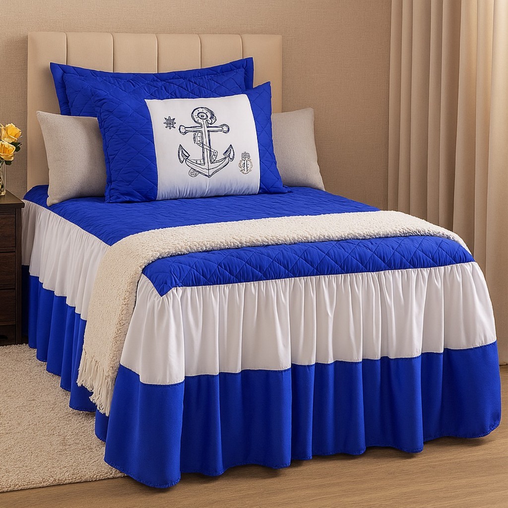 Jogo De Cama box Colcha com babado 3 Peças Solteiro Masculina Ancora