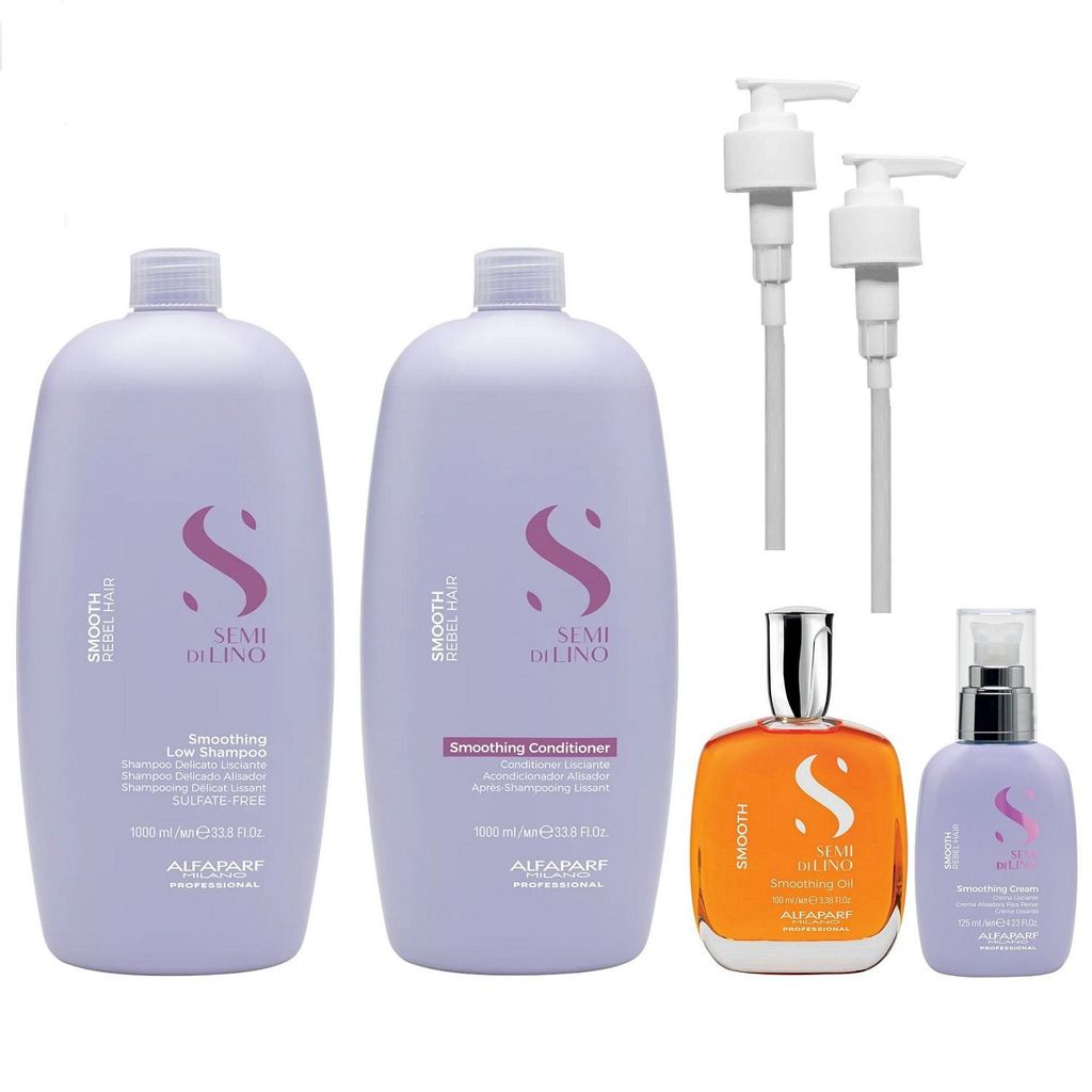 Kit Alfaparf Semi Di Lino Smooth Smoothing - Shampoo & Condicionador 1 Litro + Óleo 100ml + Cream 125ml + Válvula