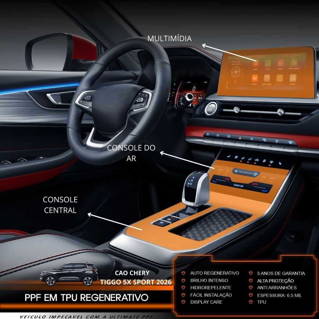 Película PPF Proteção Kit Multimídia Console Ar Console Central Chery Tiggo 5X Sport 2026 Transparente TPU Anti Risco