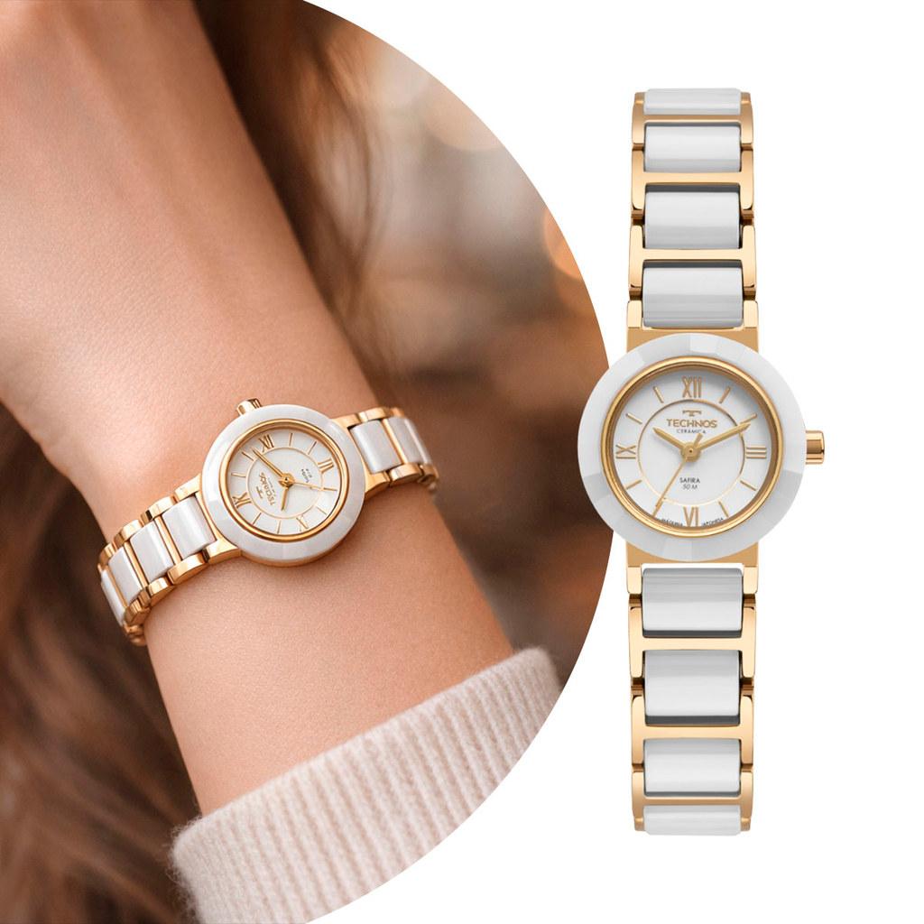 Relógio Analógico Feminino Branco e Dourado com Pulseira de Cerâmica e Vidro de Safira Mini Pequeno Luxo Technos