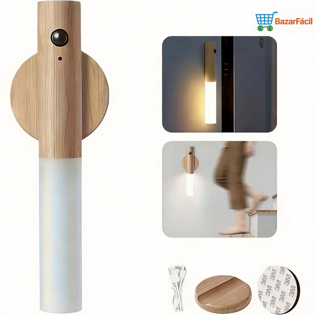 Luminaria Led Pratica Sensor Movimento Recarregavel Madeira Minimalista Magnetica Seguranca Iluminacao Noturna