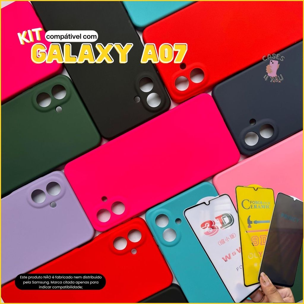 Kit Compatível com Samsung Galaxy A07 Capa Capinha + Película 3D Cerâmica Privacidade Câmera 4G 5G