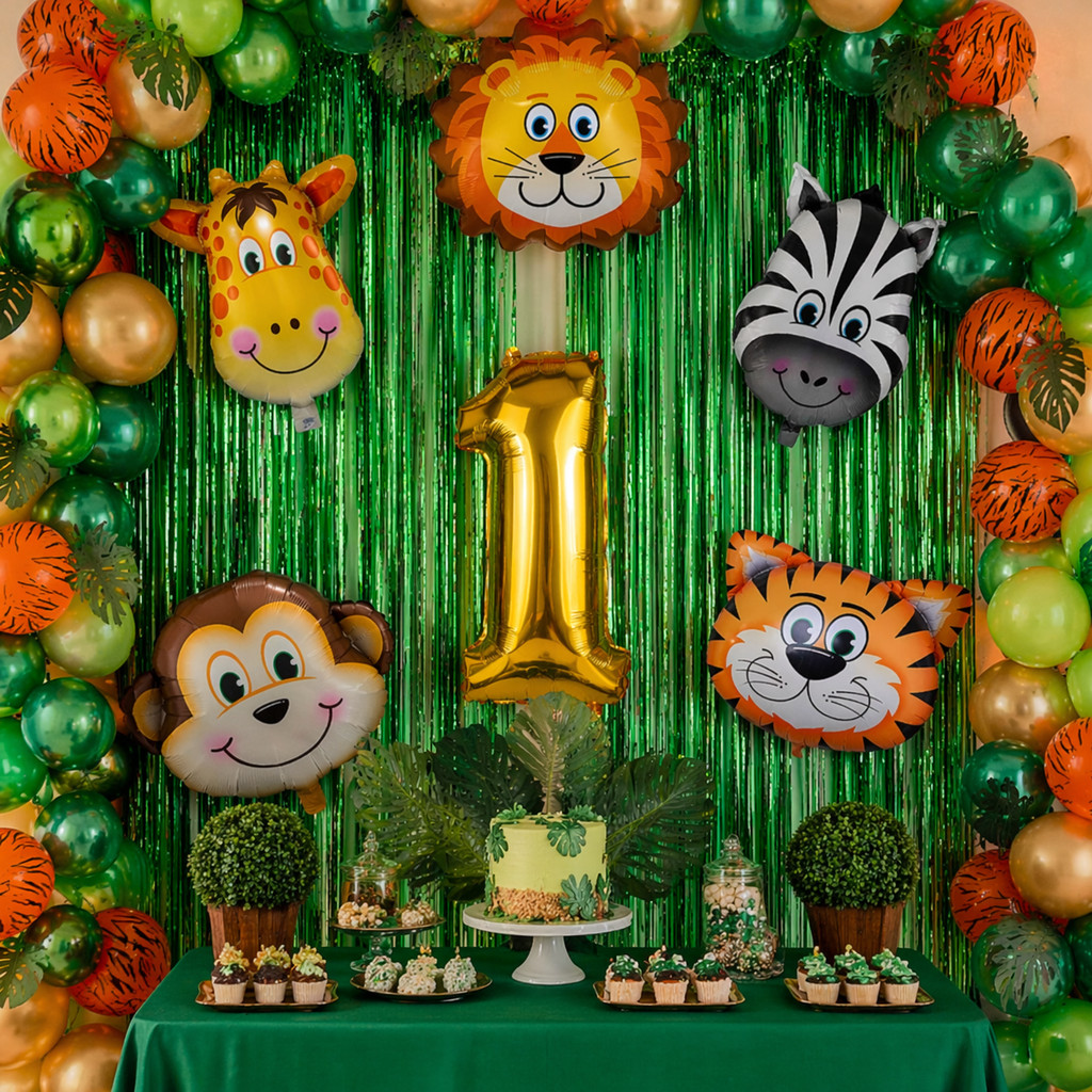 Kit Decoração Safari c/ 2 Cortinas, Balão Número, 5 Balões Animais 35 cm, festa, aniversário, mesversario