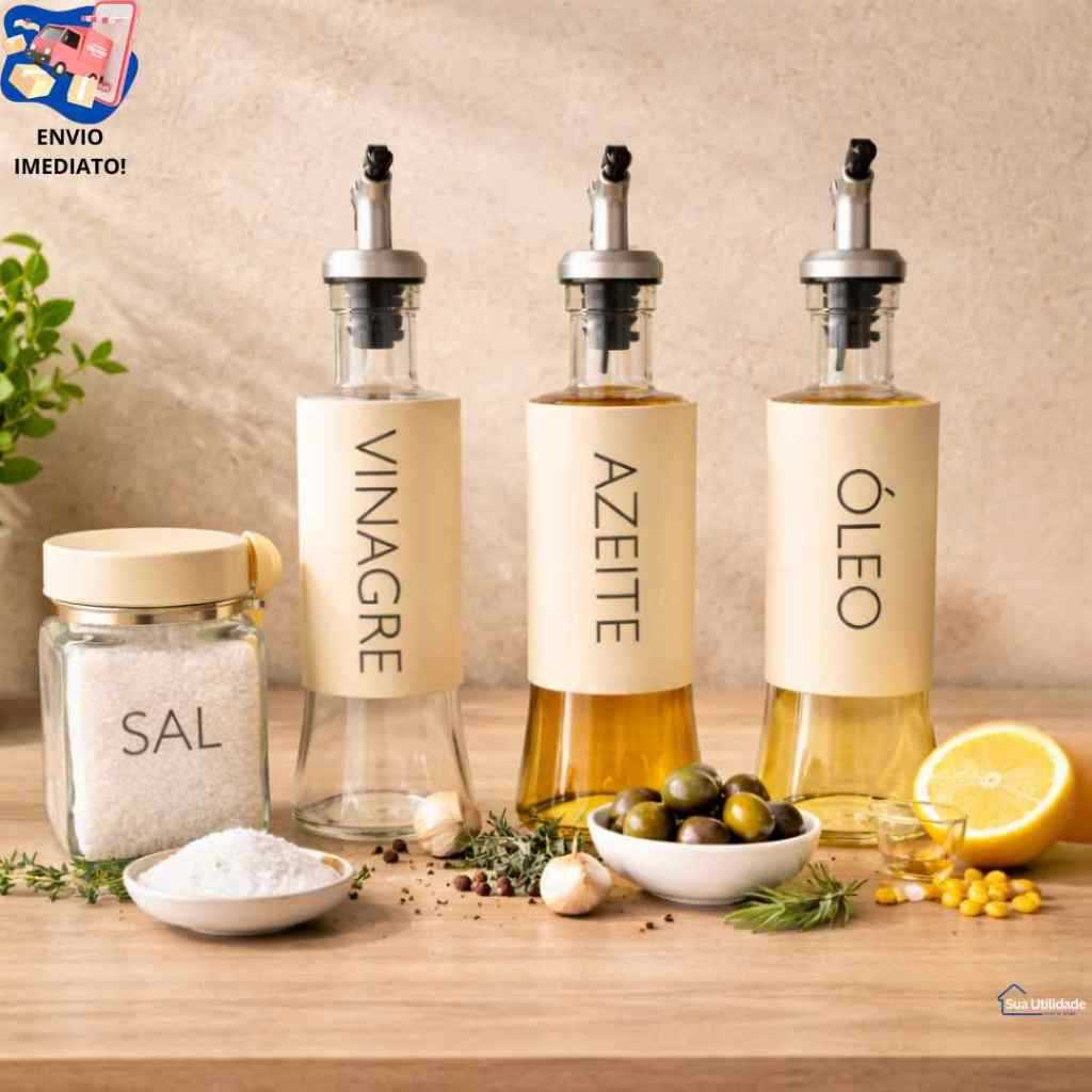 Galheteiro Completo De Vidro Kit Azeiteiro Vinagreiro Óleo Saleiro Porta Temperos Azeite Vinagre Sal Cozinha Mesa Posta