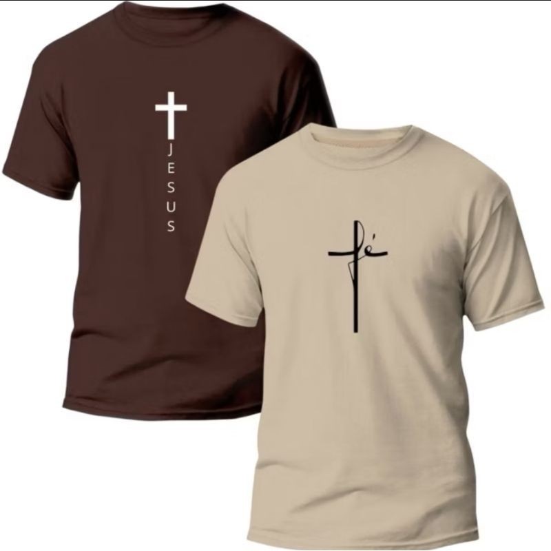 Kit-2 Camisetas Unissex Evangélica Fê 100% Algodão 30.1 Básica Gospel Dia a Dia Fé e Cruz Jesus