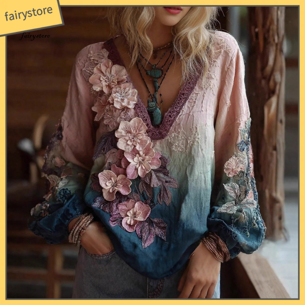 Tee Shirt Ethnic Pattern T-shirt Women’s V-neck Long Sleeve with 3d Flower Faux Pearl Decor Pullover Top for Spring Au