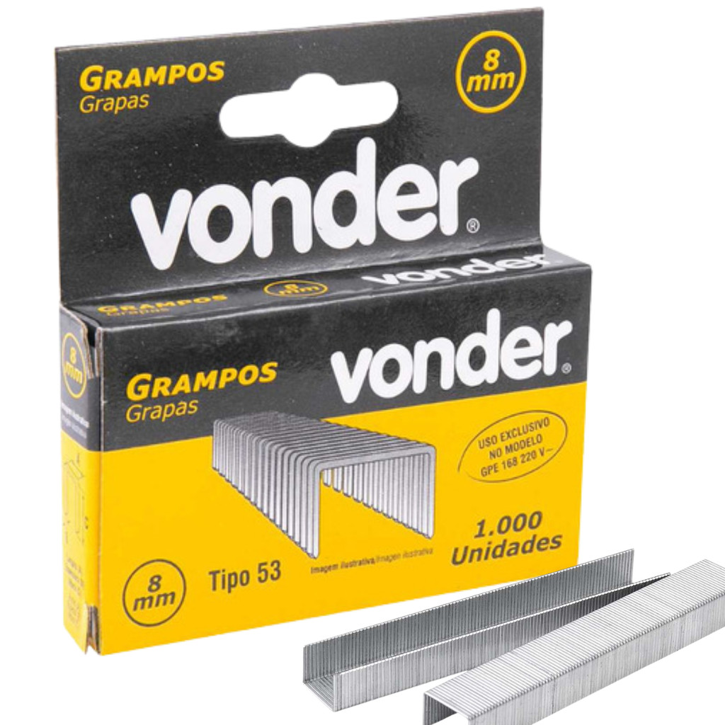 Grampo 8mm Tipo 53 Vonder Caixa com 1000 Unidades para Grampeador GPE168 Zincado