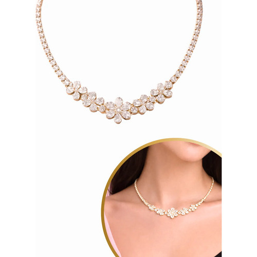 Colar Choker Flor Cravejado Micro Zircônias Riviera Banhado a Ouro 18k Luxo 45cm Feminino Delicado Festa Madrinha Noiva