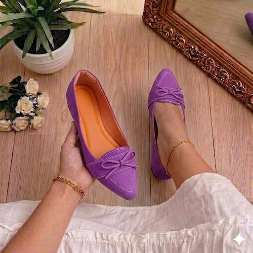 Sapatilha MocassimFeminina Confortável Bico Fino Laço Roxo  Elegante Para Trabalho e Dia a Dia