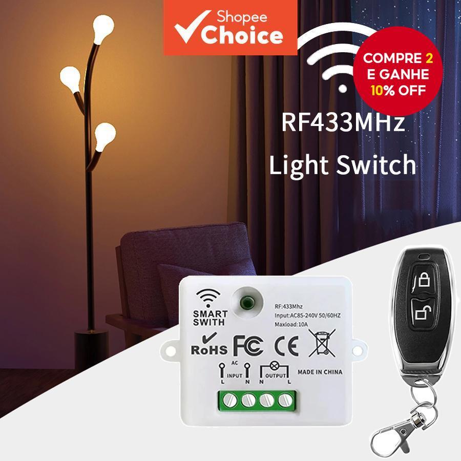 Interruptor de luz remoto sem fio RF433MHz AC110V 220V Mini receptor de relé com transmissor para controle de lâmpada em Oferta na Shopee