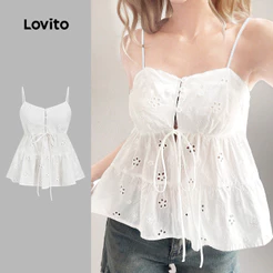 Lovito Férias Top Feminino de Renda e Botões para a Primavera/verão em Branco off-white Bordado L165ED038