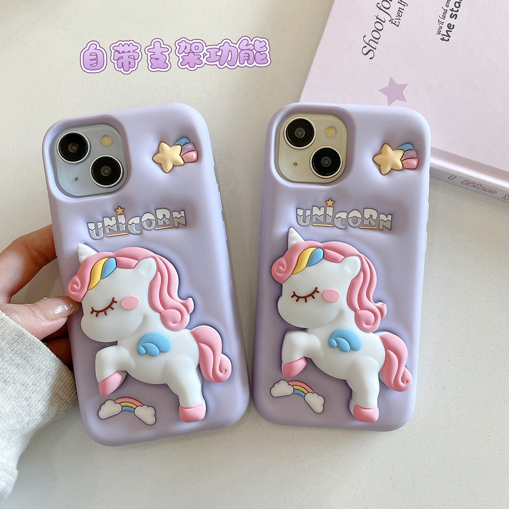 Bonito 3D Dos Desenhos Animados Arco-Íris Unicórnio Cavalo Macio Silicone Caso Suporte Capa Para iPhone 17 16 Plus 15 14