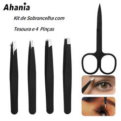 Kit 4 Pinças e 1 Tesoura para Sobrancelha Profissional Preto Pinças de Ponta Reta/Chanfrada/Curva/Fina