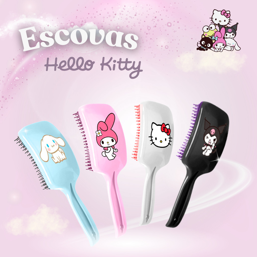 Escova Personagens Hello Kitty e Raquete Flex Desembaraçadora Presente