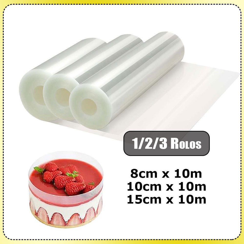 Transparente Rolo Acetato Bolo 8/10/15cm x10m PET de plástico Para bolos de aniversário mousses e sobremesas Kit 1/2/3