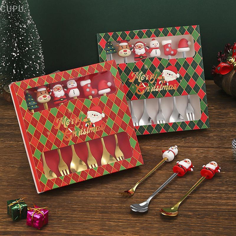 [CU] Conjunto De Garfo E Colher De Natal , Talheres De Caixa Aço Inoxidável , Café , Chá Sobremesa PH