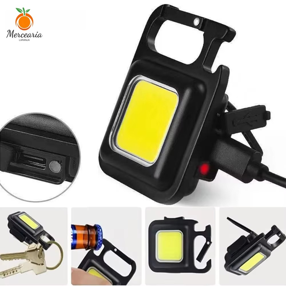 Mini lanterna LED, com porta-chaves, compatível com portáteis/carregamento USB, brilho ajustável, 3 modos de iluminação