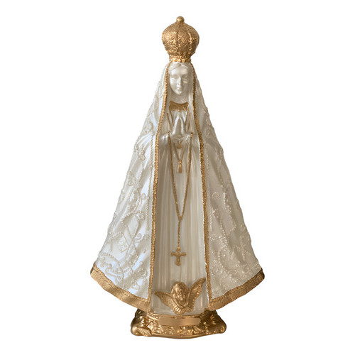 Nossa Senhora Aparecida 22cm Gesso Catolico Bordado Dourado Branco Perolado E Dourado