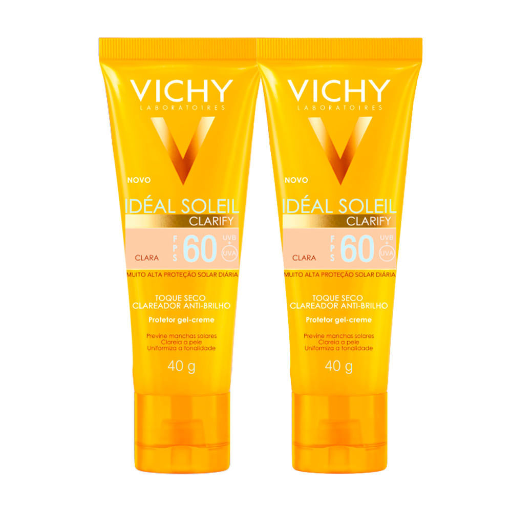 Kit 2 Protetor Solar Idéal Soleil Clarify Clara FPS 60 Gel Creme Com Cor 40g em Oferta na Shopee