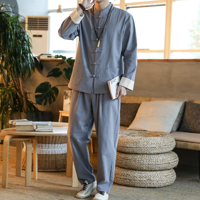 Roupas masculinas estilo chinês novo estilo chinês Tang terno de linho estilo retrô Hanfu estilo budista masculino roupa