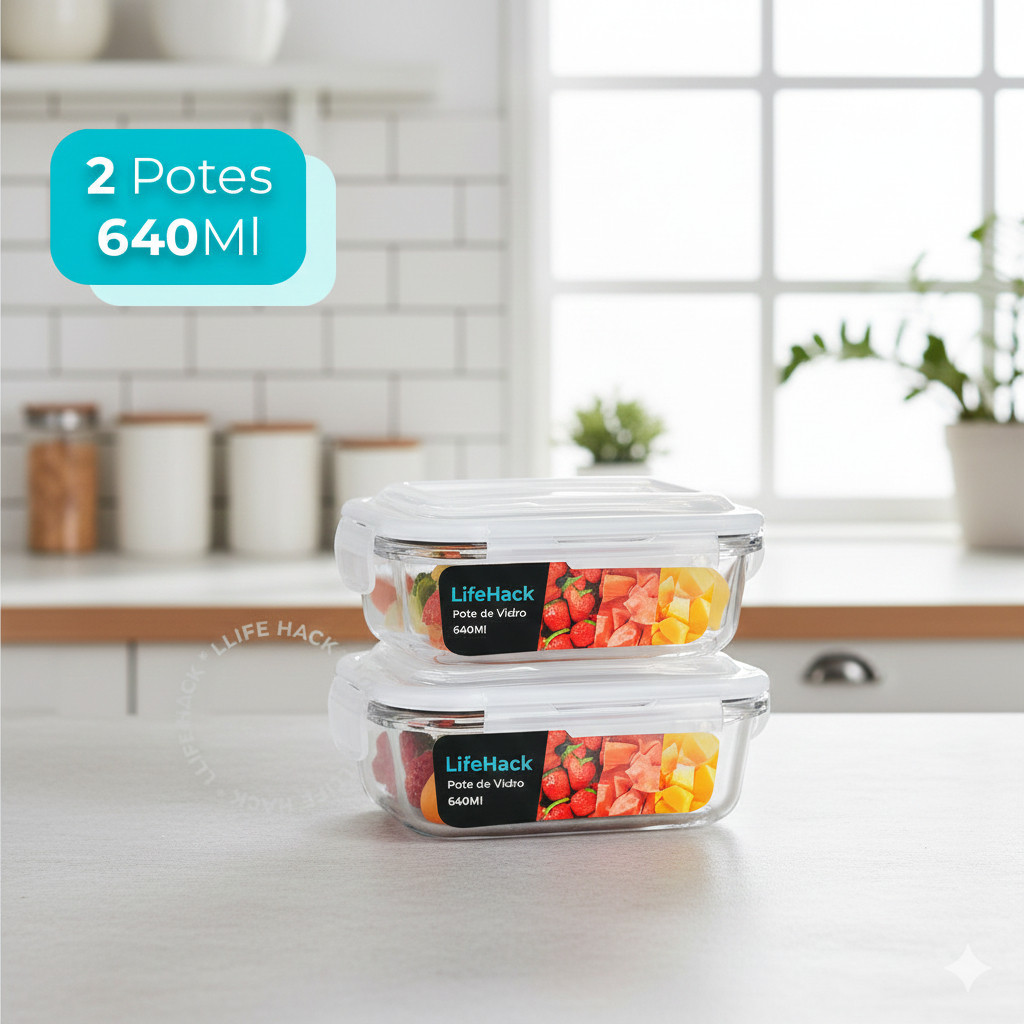 Conjunto 2 640ml Potes Vidro Hermético Mantimentos Marmita