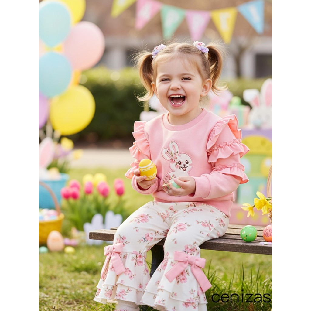 CZN-Roupas De Páscoa Para Meninas Com Bordado De Coelho , Gola Redonda , Moletom De Manga Comprida E Calças Flare Estamp