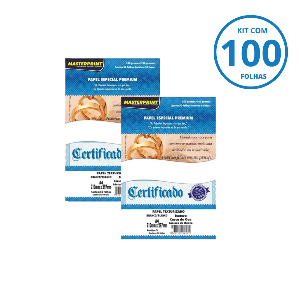 Kit Papel Branco Premium Casca de Ovo180g A4 - MASTERPRINT Kit:Com 100