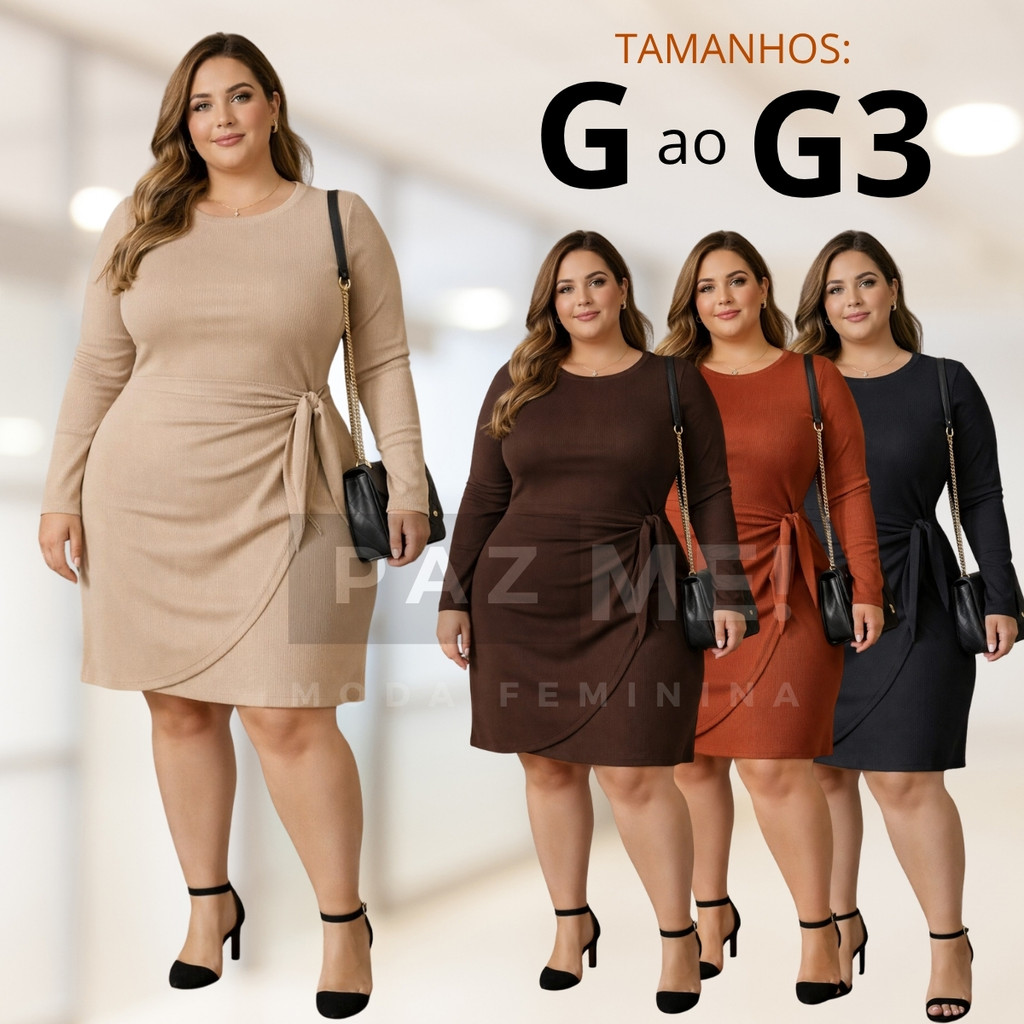 Vestido Manga Longa de Amarrar na Cintura Plus Size PAZME!