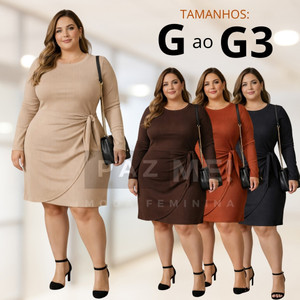 Vestido Manga Longa de Amarrar na Cintura Plus Size PAZME!