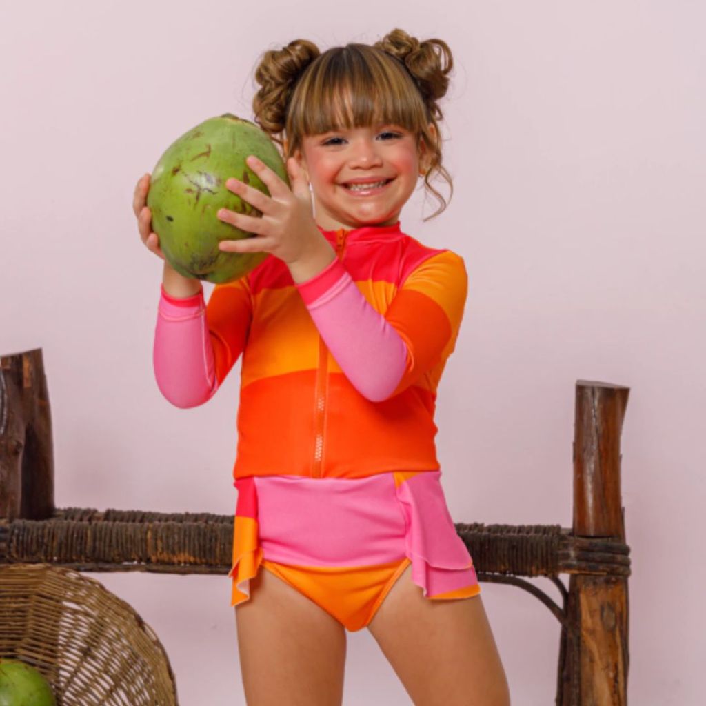 Maio Listras Laranja Pink Manga Longa Infantil Juvenil Proteção Solar UV forrado sol mar verao praia
