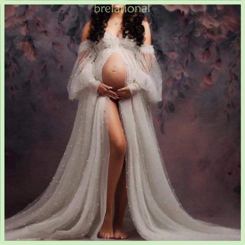 R Vestido Longo Poliéster Para Maternidade Sessões Fotos Confortáveis Tecido Elástico E Respirável