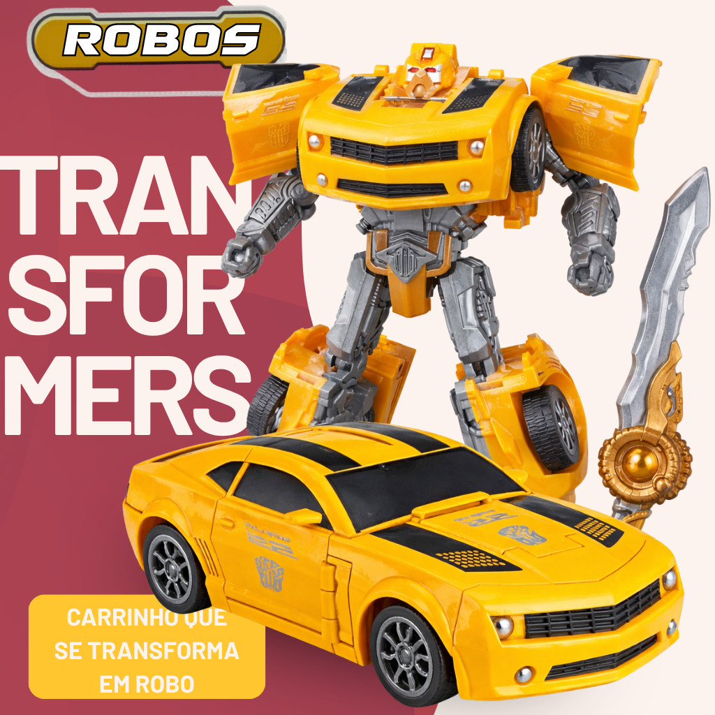 Robô Transformers 2 em 1 Carro Esportivo Amarelo + Espada | Brinquedo Infantil +3 Anos