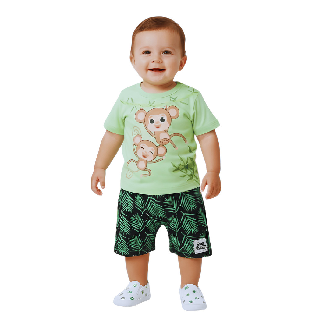 Conjunto Verão Bebê Infantil Menino Camiseta Manga Curta Com Bermuda Em Moletinho