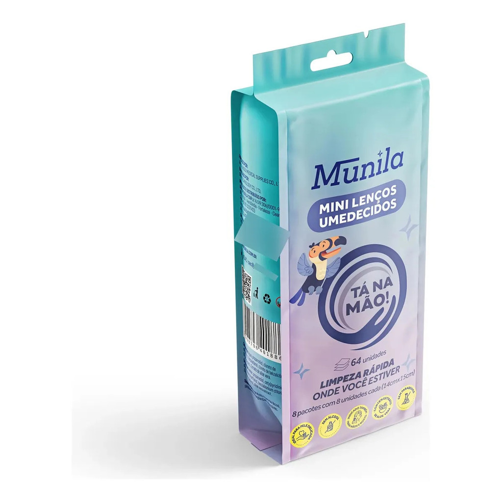 Kit 8 Mini Lenços Umedecidos Tá Na Mão Munila 64un Portátil