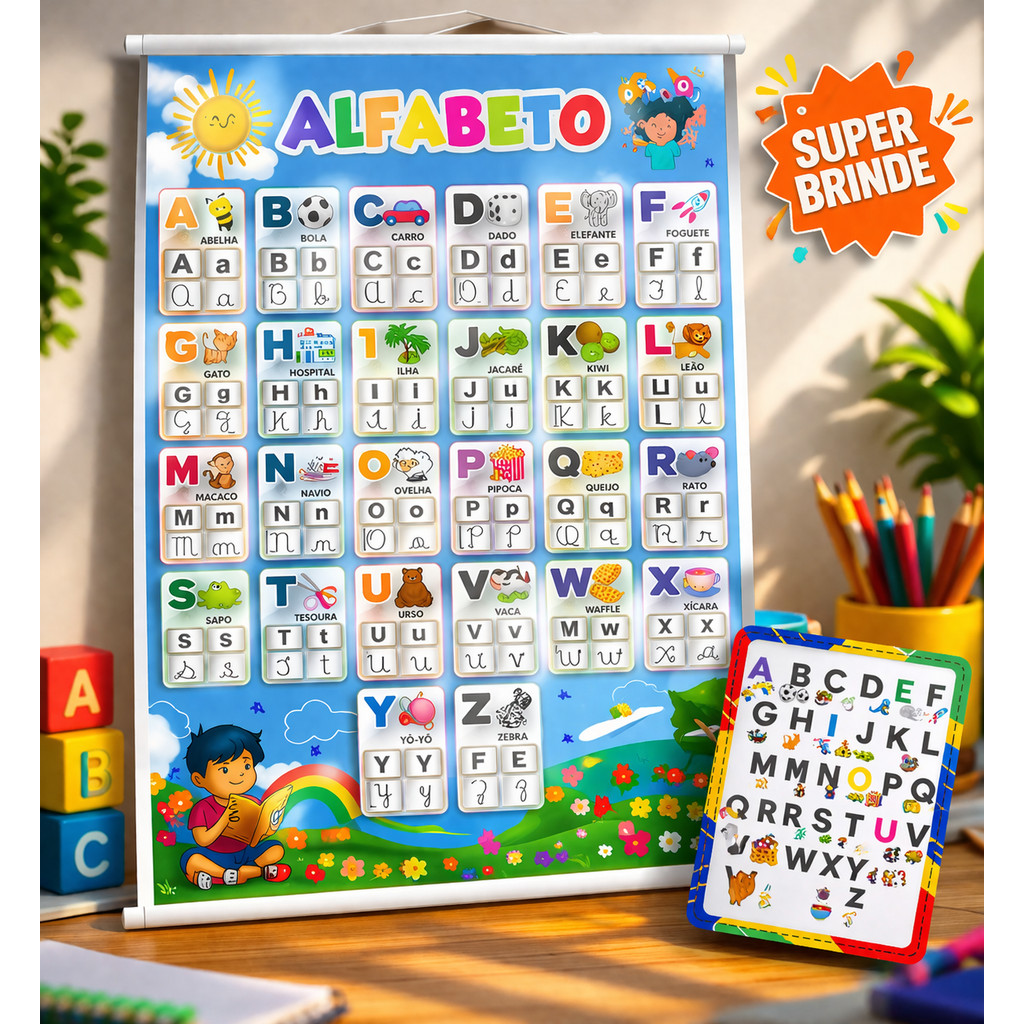 Banner Alfabeto Infantil Educativo Didático Completo Letras Desenhos Libras 60x90cm + Super Brinde