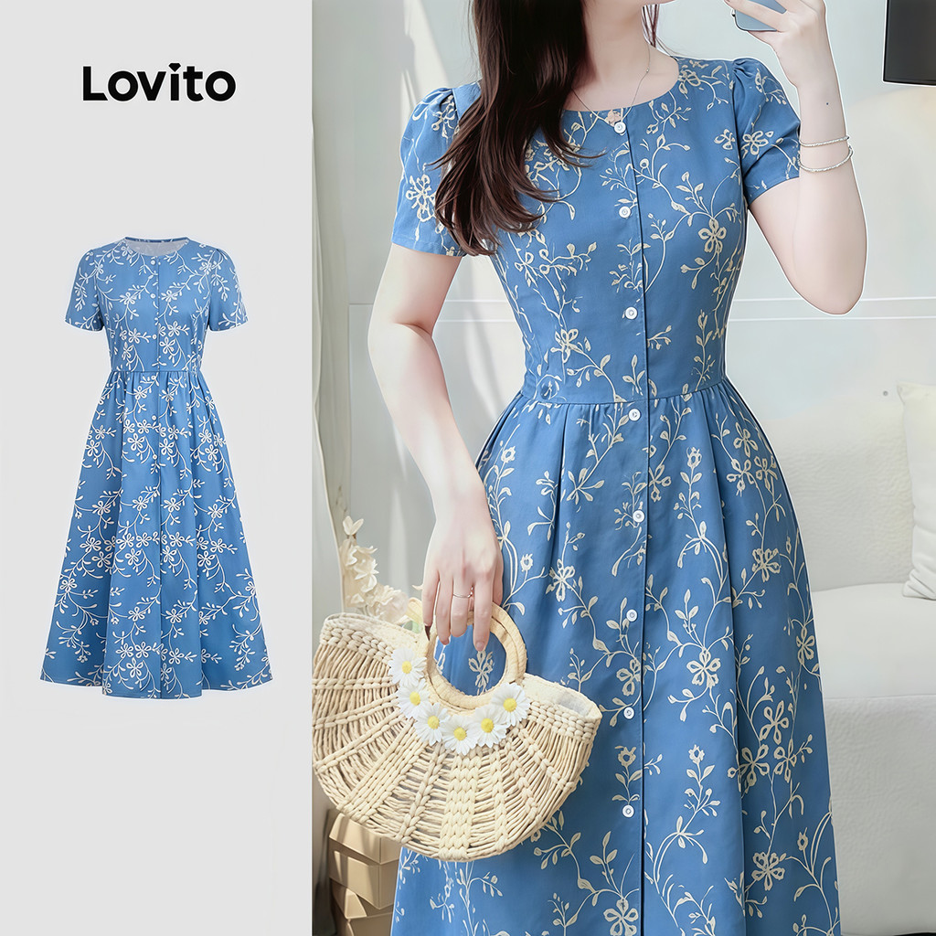 Lovito Vestido Elegante com Botões Frontais Padrão Primavera/verão Azul para mul