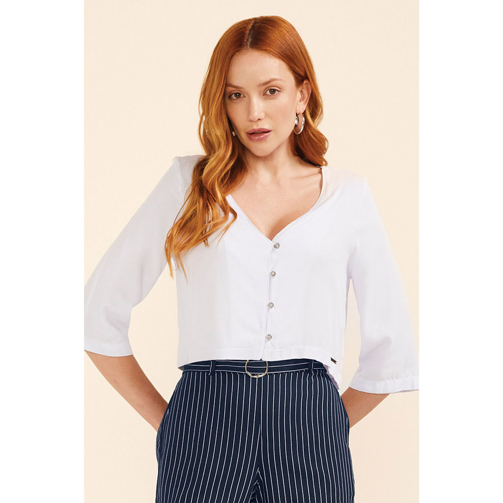 Blusa Feminina Cropped Botões Marialícia Branco em Oferta na Shopee