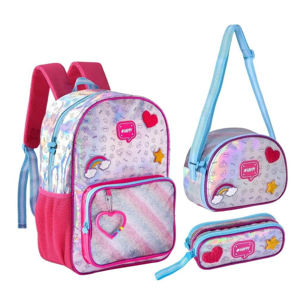 Kit Mochila Escolar Infantil + Lancheira + Estojo Holográfica Happy