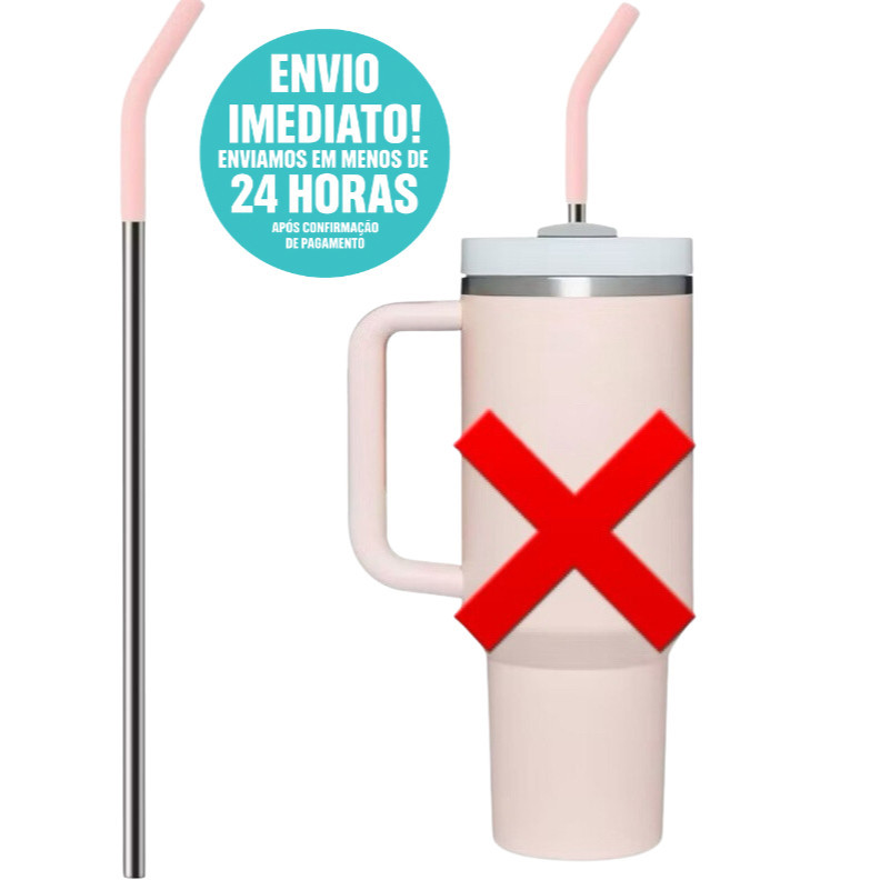 Canudo de Aço Inoxidável 32cm com Ponta de Silicone Ideal para Copo Térmico 900/1200ml